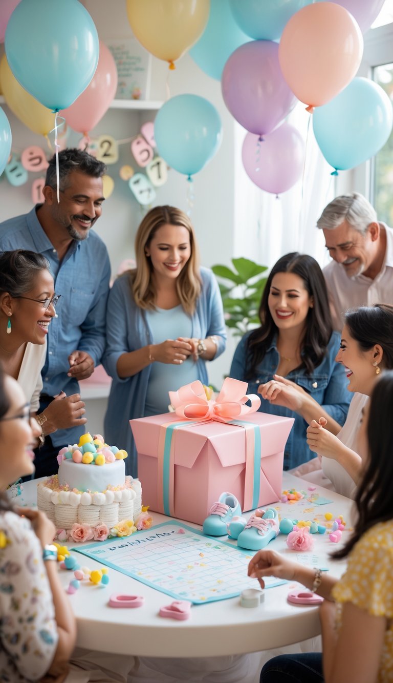 A group of people gathered around a decorated table playing a baby shower game with balloons and baby-themed decorations.